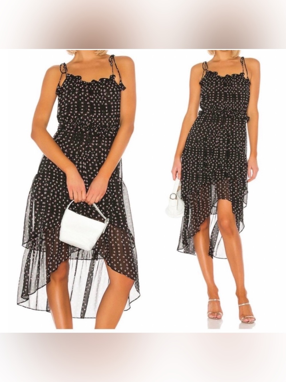 Misa Los Angeles Zakia Black pink  floral Ruffle High-Low Dress XS